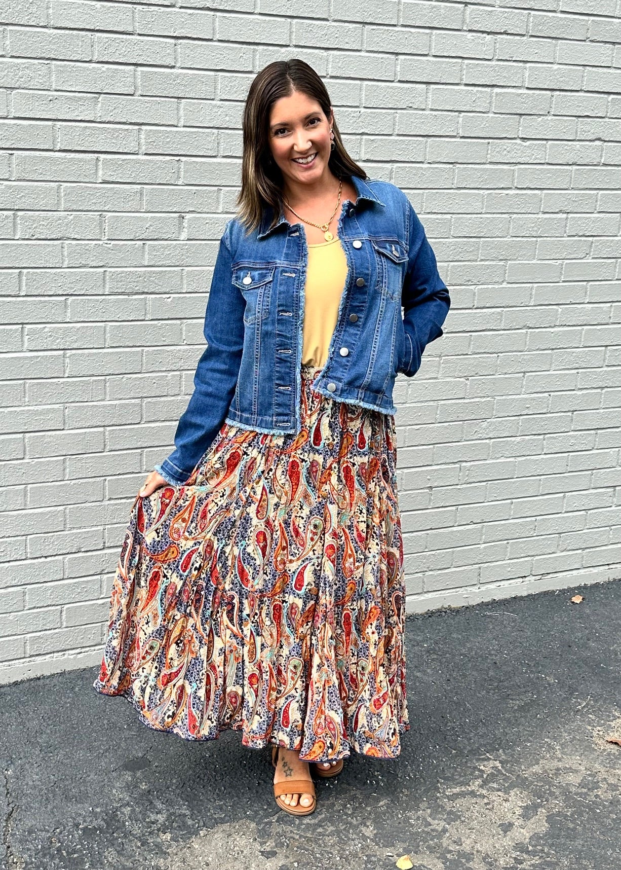 Denim Jackets still reign with easy layering tank or top with gathered boho maxi skirt.