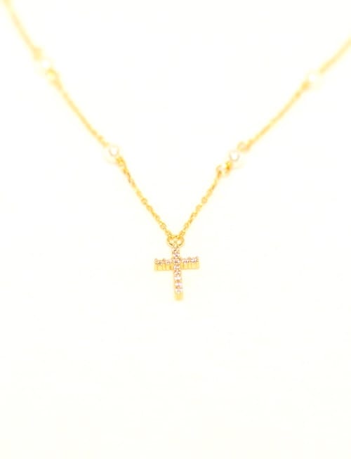 18K Gold Cross Pendant Necklace with Pearls, Gold Meghan Browne Accessories