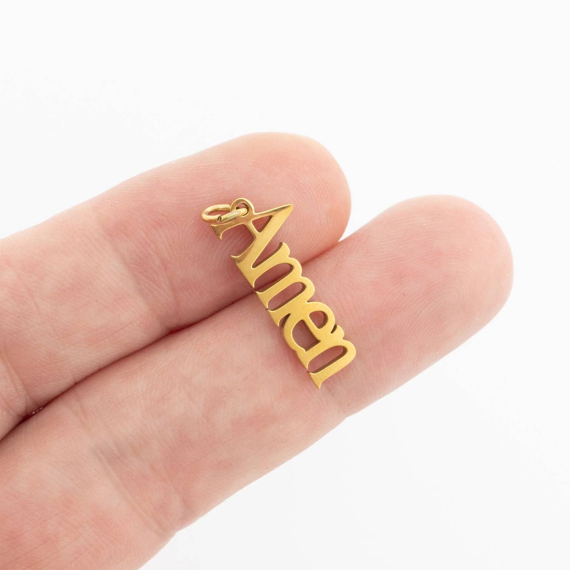18K Gold PVD Stainless Steel Amen Word Charm: Gold WJW