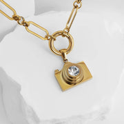 18K Gold PVD Stainless Steel Camera Charm CZ Stone Lens: Gold WJW