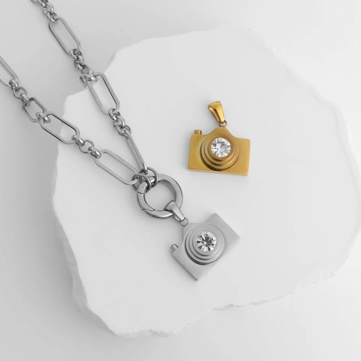 18K Gold PVD Stainless Steel Camera Charm CZ Stone Lens: Gold WJW