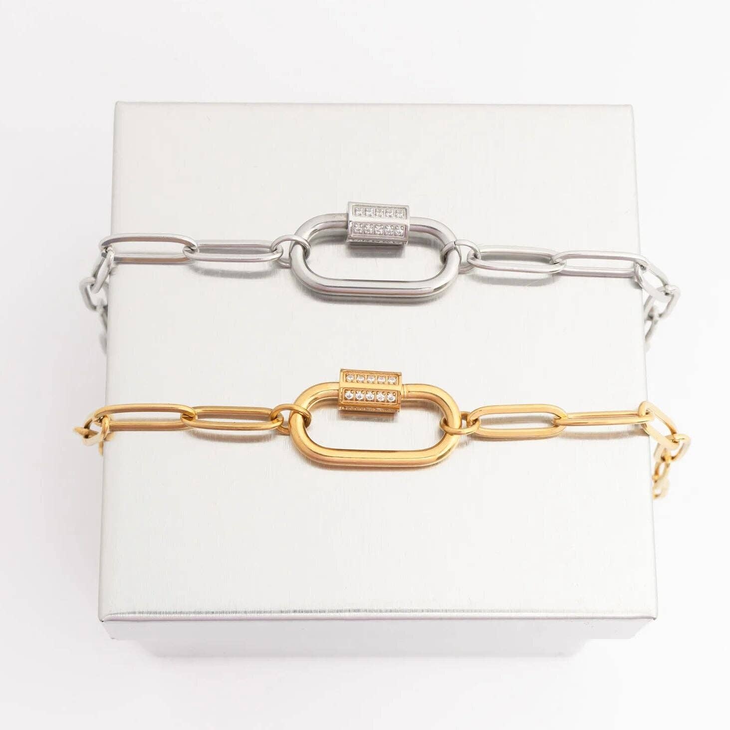 18K Gold PVD Stainless Steel CZ Stone Carabiner Necklace: Gold / 16"+2" WJW