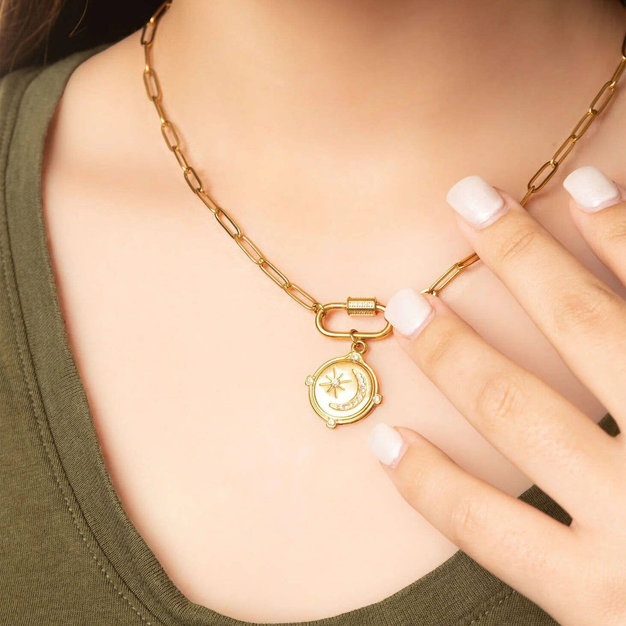 18K Gold PVD Stainless Steel CZ Stone Carabiner Necklace: Gold / 16"+2" WJW