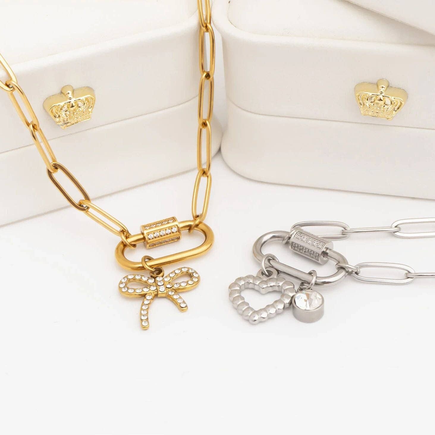 18K Gold PVD Stainless Steel CZ Stone Carabiner Necklace: Stainless / 16"+2" WJW