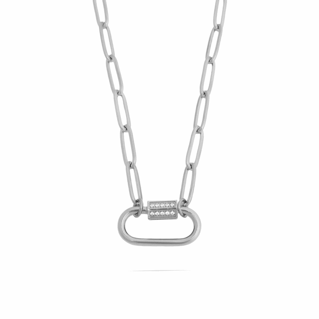 18K Gold PVD Stainless Steel CZ Stone Carabiner Necklace: Stainless / 16"+2" WJW