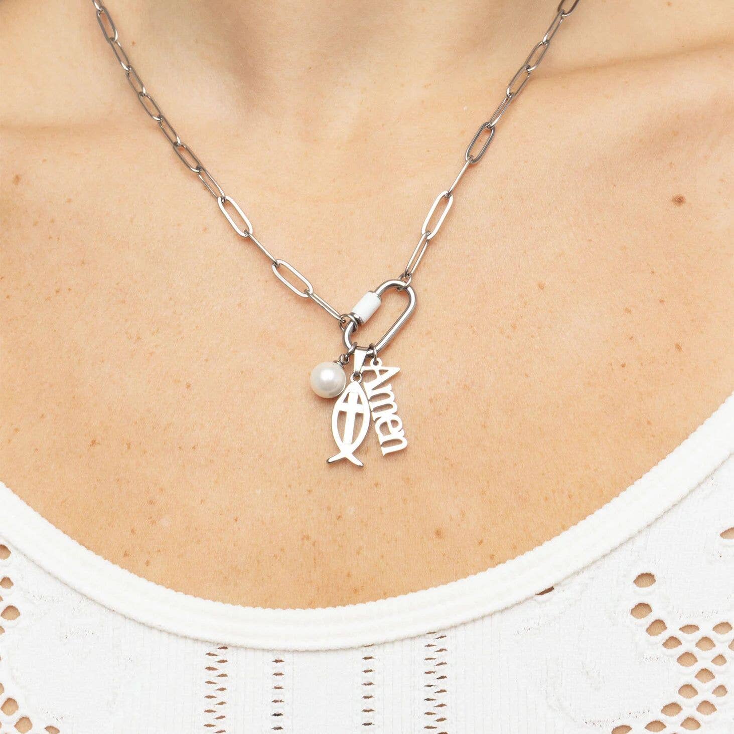 18K Gold PVD Stainless Steel Fish Charm with Cross Center: Stainless WJW