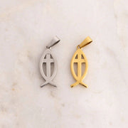 18K Gold PVD Stainless Steel Fish Charm with Cross Center: Stainless WJW