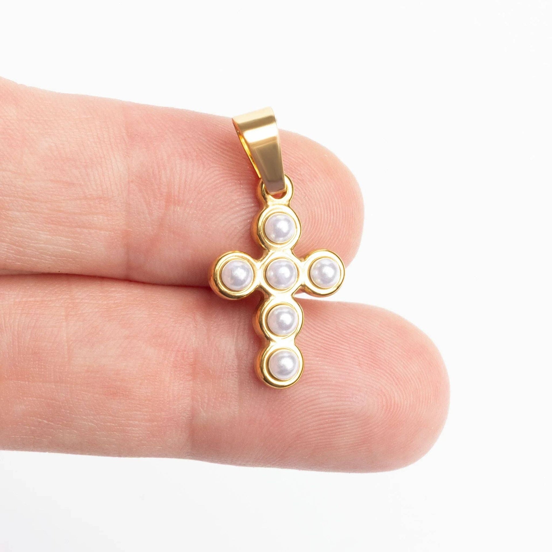 18K Gold PVD Stainless Steel Pearl Cross Charm: Gold WJW