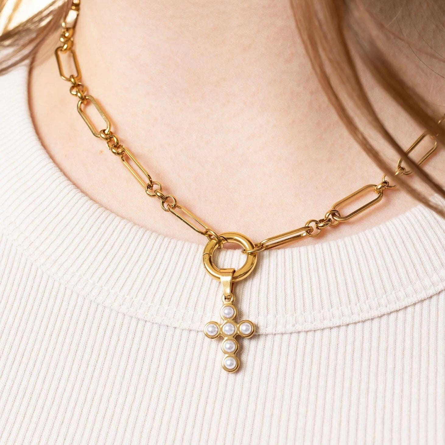 18K Gold PVD Stainless Steel Pearl Cross Charm: Gold WJW