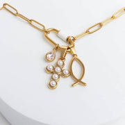 18K Gold PVD Stainless Steel Pearl Cross Charm: Gold WJW