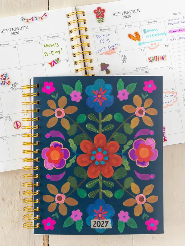 2026-27 17 Month Planner - Teal Folk Flower Natural Life Planner