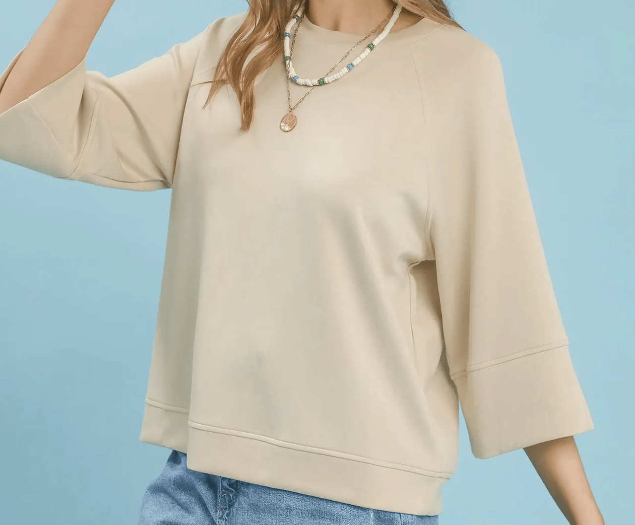 3/4 Raglan Sleeve Crew Neck Top Plus, Ecru Umgee XL
