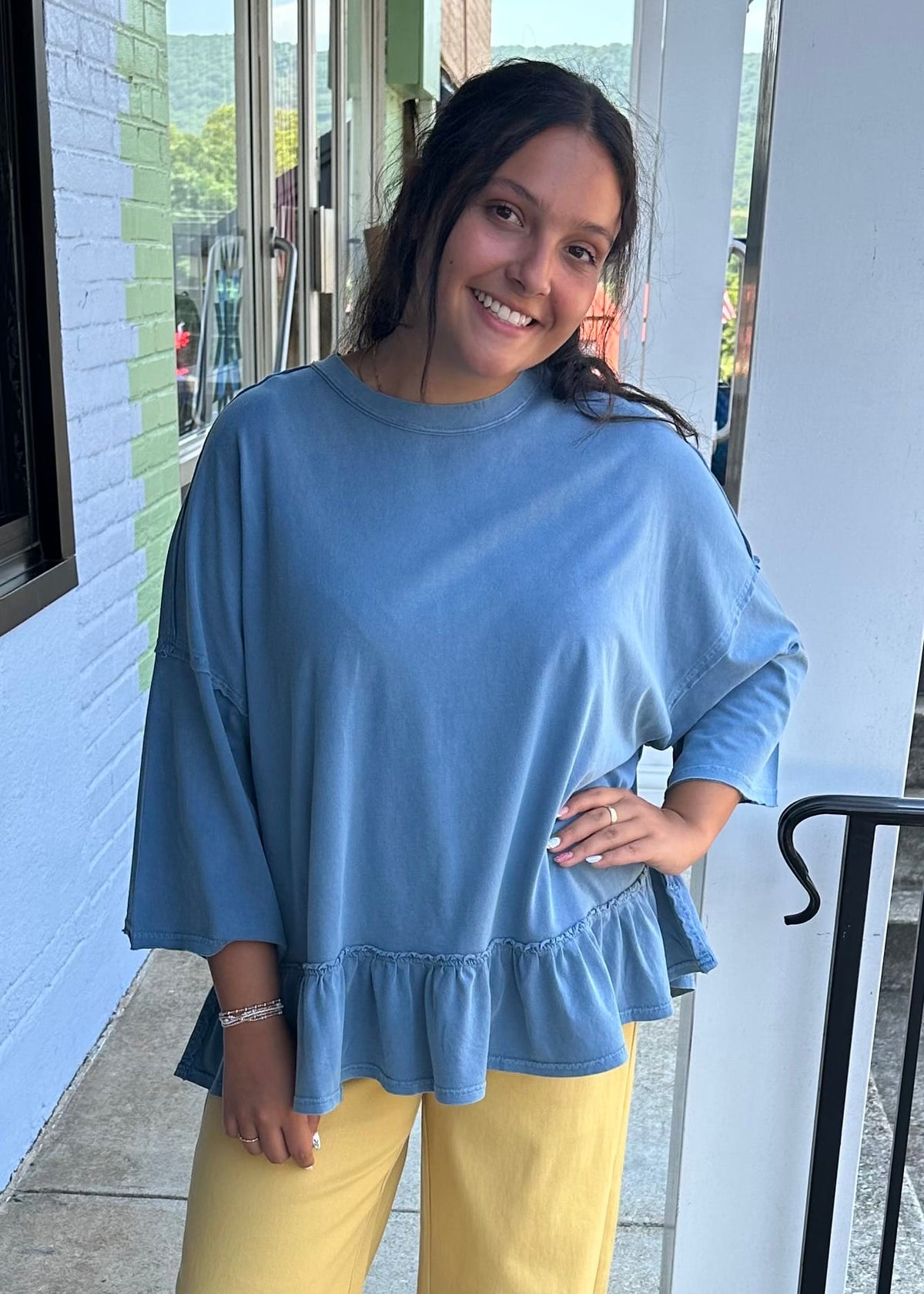 3/4 Sleeve Ruffle Peplum Mineral Wash Cotton Tunic, Blue Easel Casual top