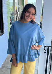 3/4 Sleeve Ruffle Peplum Mineral Wash Cotton Tunic, Blue Easel Casual top