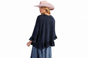 3/4 Sleeve Ruffle Peplum Mineral Wash Cotton Tunic, Navy Easel Casual top
