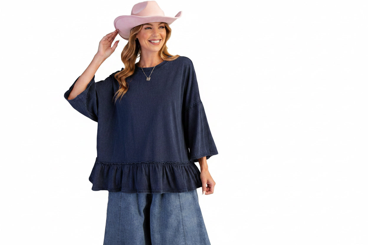 3/4 Sleeve Ruffle Peplum Mineral Wash Cotton Tunic, Navy Easel Casual top