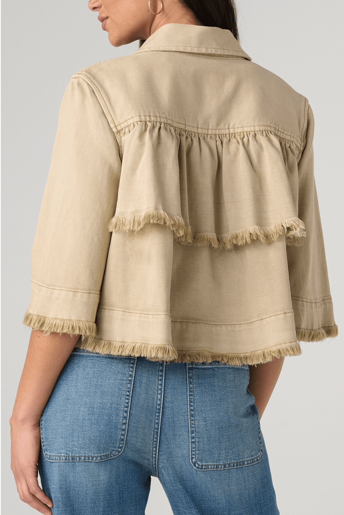 3/4 SLV FRAYED FLOUNCE Twill in Camel Liverpool Top