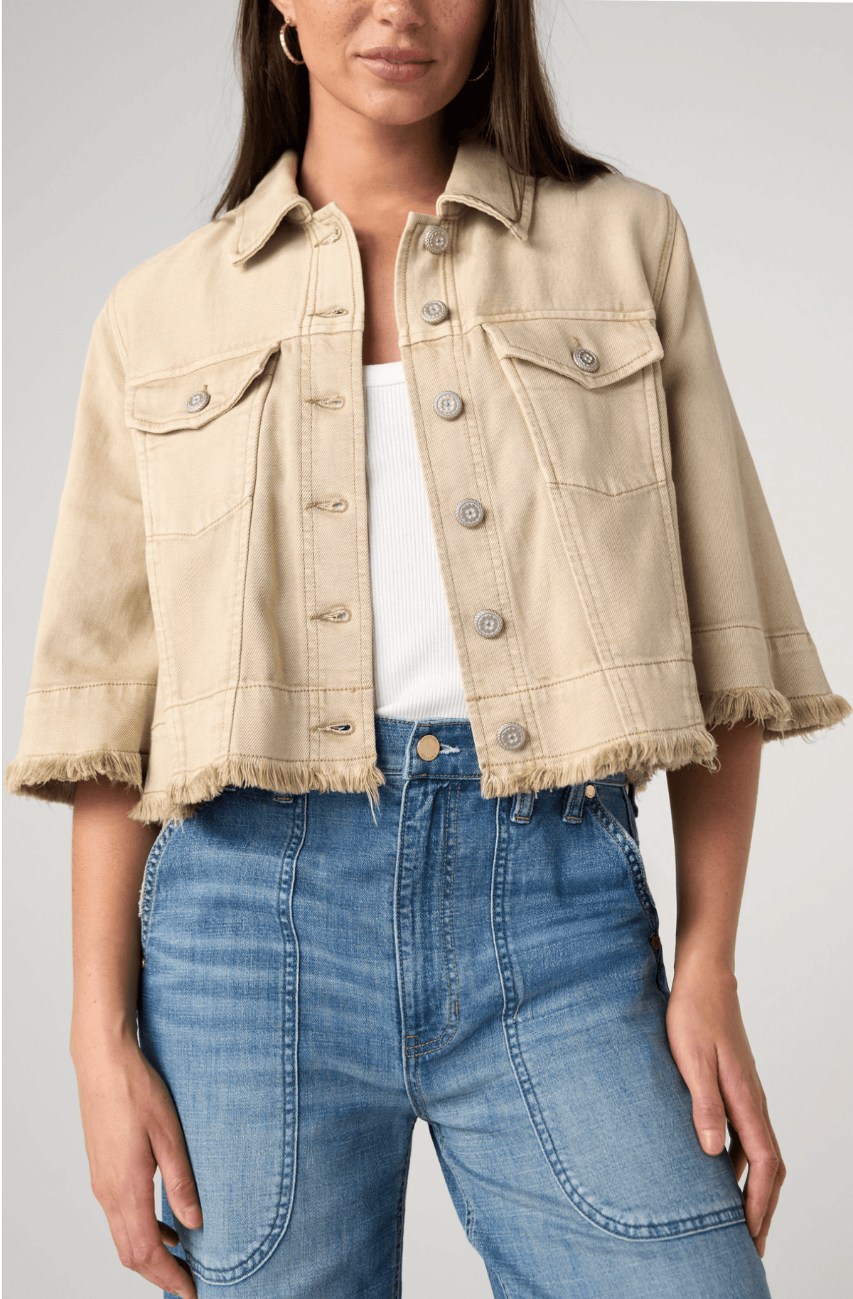 3/4 SLV FRAYED FLOUNCE Twill in Camel Liverpool Top
