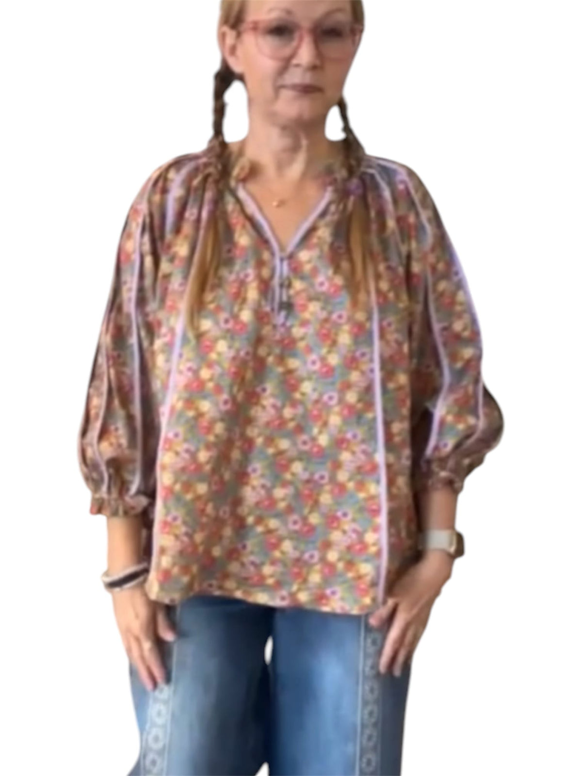 3/4 Trimmed Calico Top by Easel Mattie B's Gifts & Apparel Casual Top