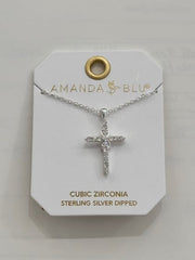 Silver CZ Infinity Cross Necklace with cubic zirconia accents and sterling silver finish on display card.