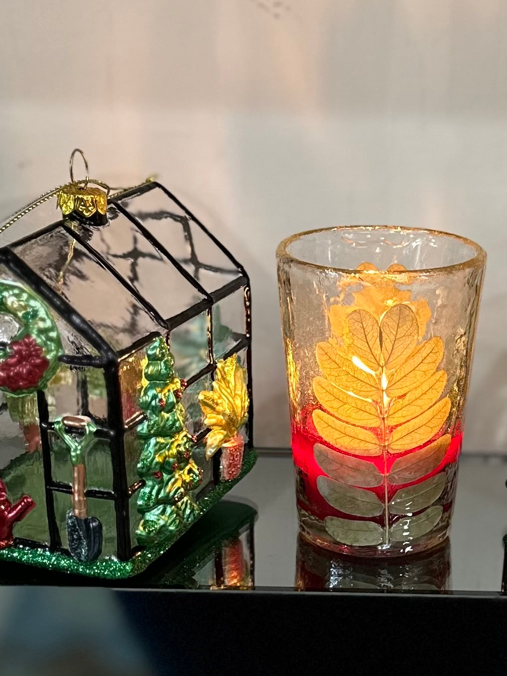 Tea Light Holder Blown Glass with Pressed Fern