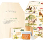 FarmHouse Fresh advent calendar with barn-shaped box featuring numbered drawers and farm animal illustrations