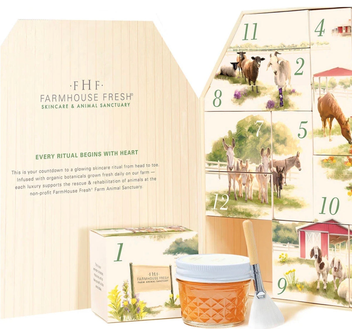 FarmHouse Fresh advent calendar with barn-shaped box featuring numbered drawers and farm animal illustrations