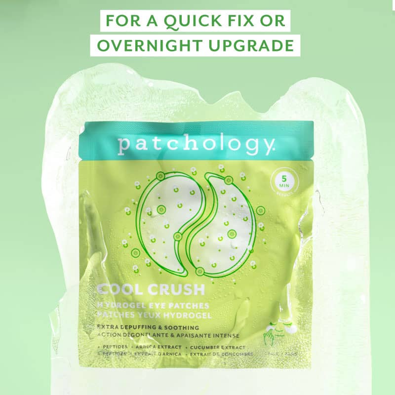 Patchology Cool Crush Hydrogel Eye Patches in green packaging with cucumber extract for depuffing