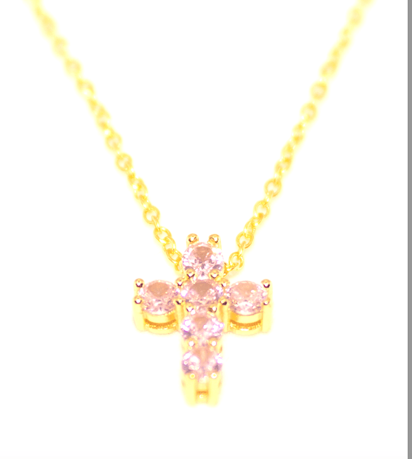 AIME PINK Cross Necklace, Gold, Pink Crystal Meghan Browne Accessories