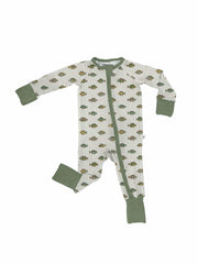 Unisex baby set with a lake fish pattern, featuring a front zipper and fold-over cuffs in green.