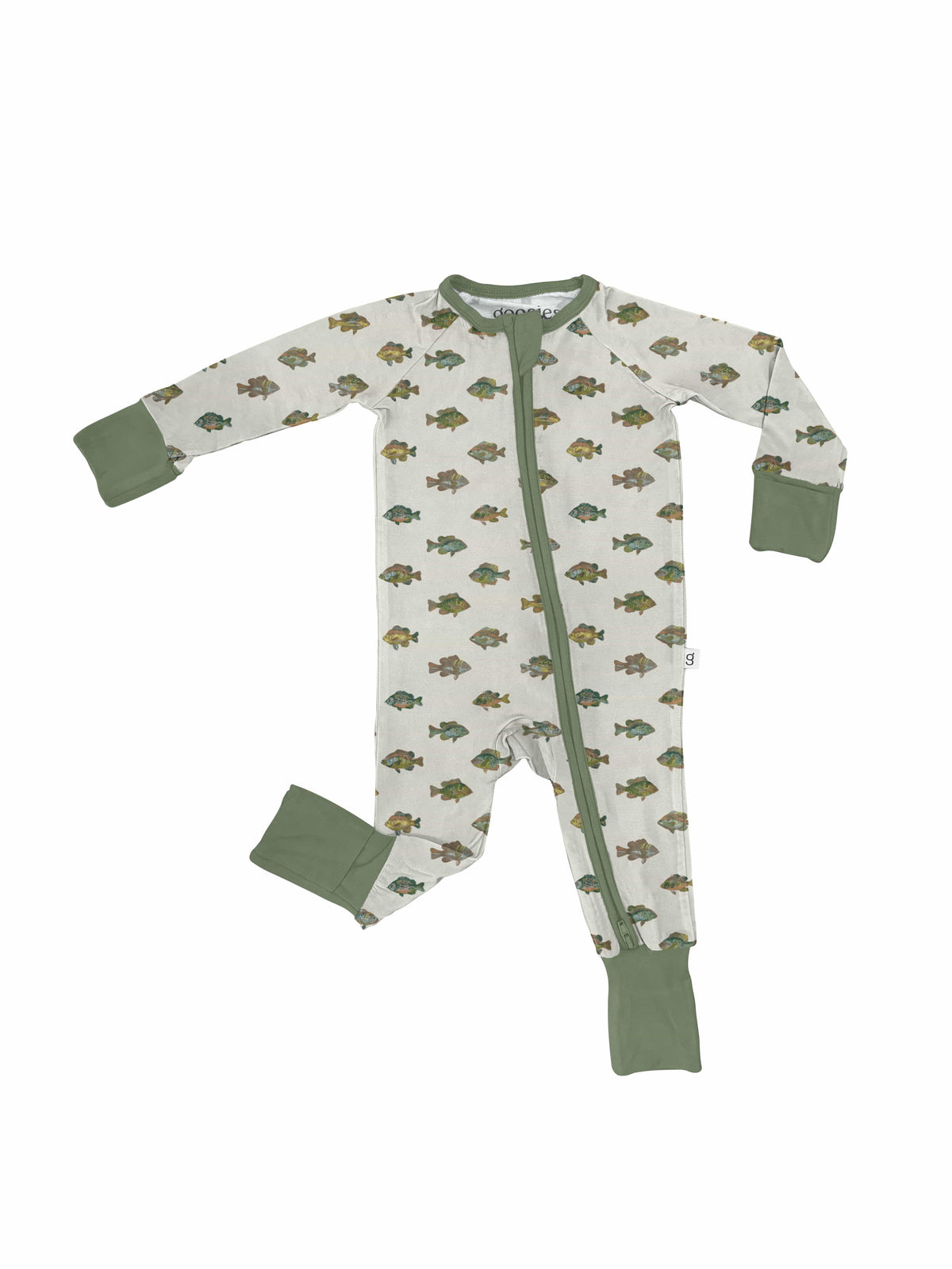 Unisex baby set with a lake fish pattern, featuring a front zipper and fold-over cuffs in green.