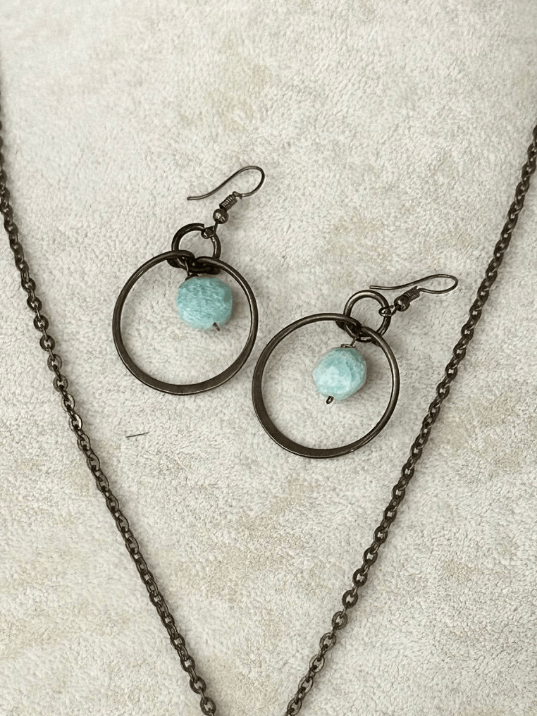Banjara Amazonite Hoop Drop Earrings, Antiqued Bronze Anju Jewelry Earrings