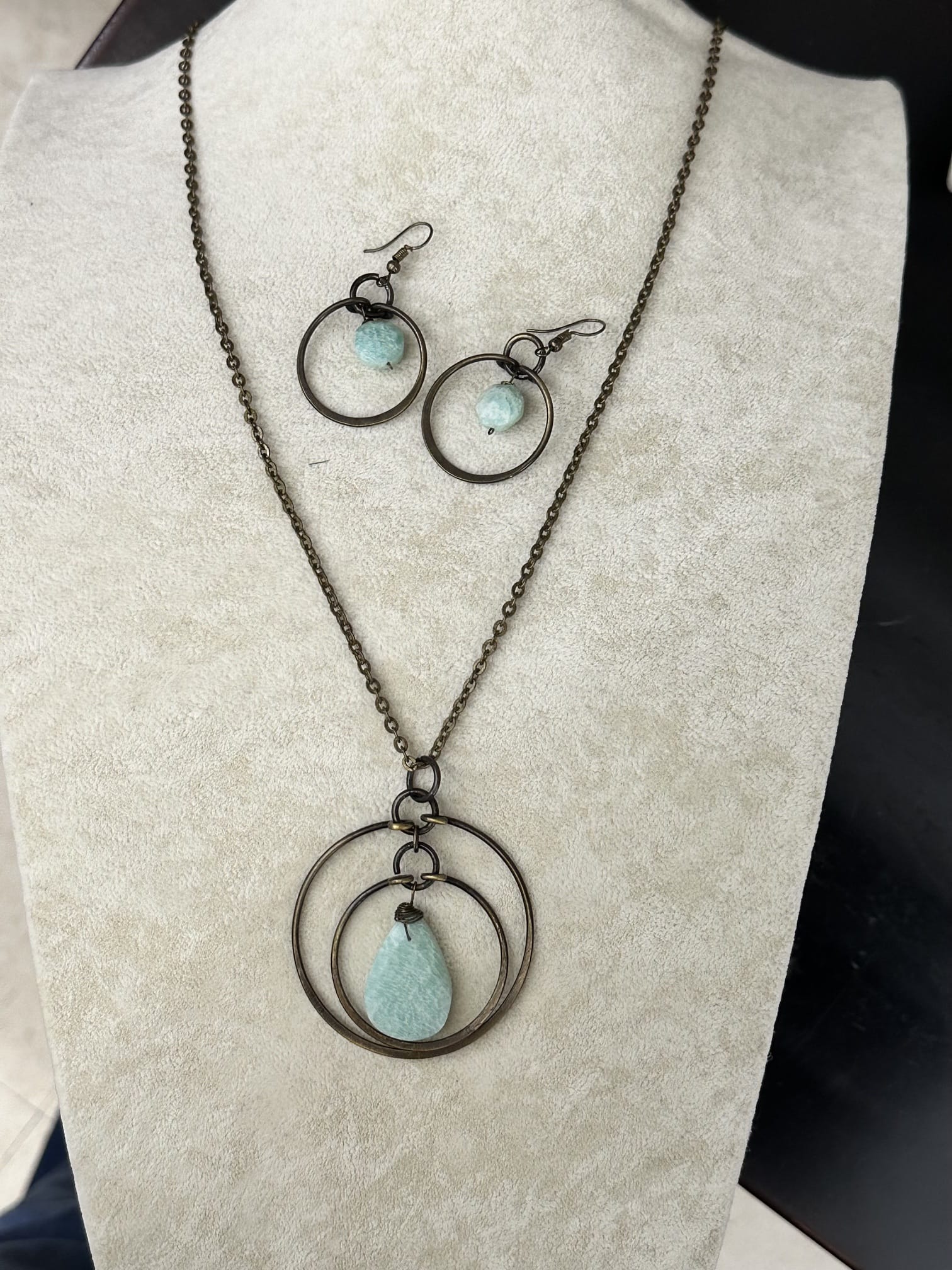 Banjara Amazonite Hoop Drop Earrings, Antiqued Bronze Anju Jewelry Earrings