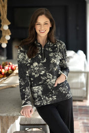 Batik Floral Quarter Zip in Black Habitat Fleece