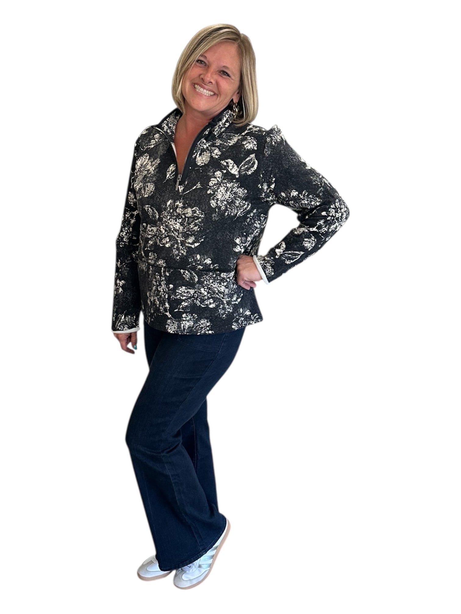 Batik Floral Quarter Zip in Black Habitat Fleece