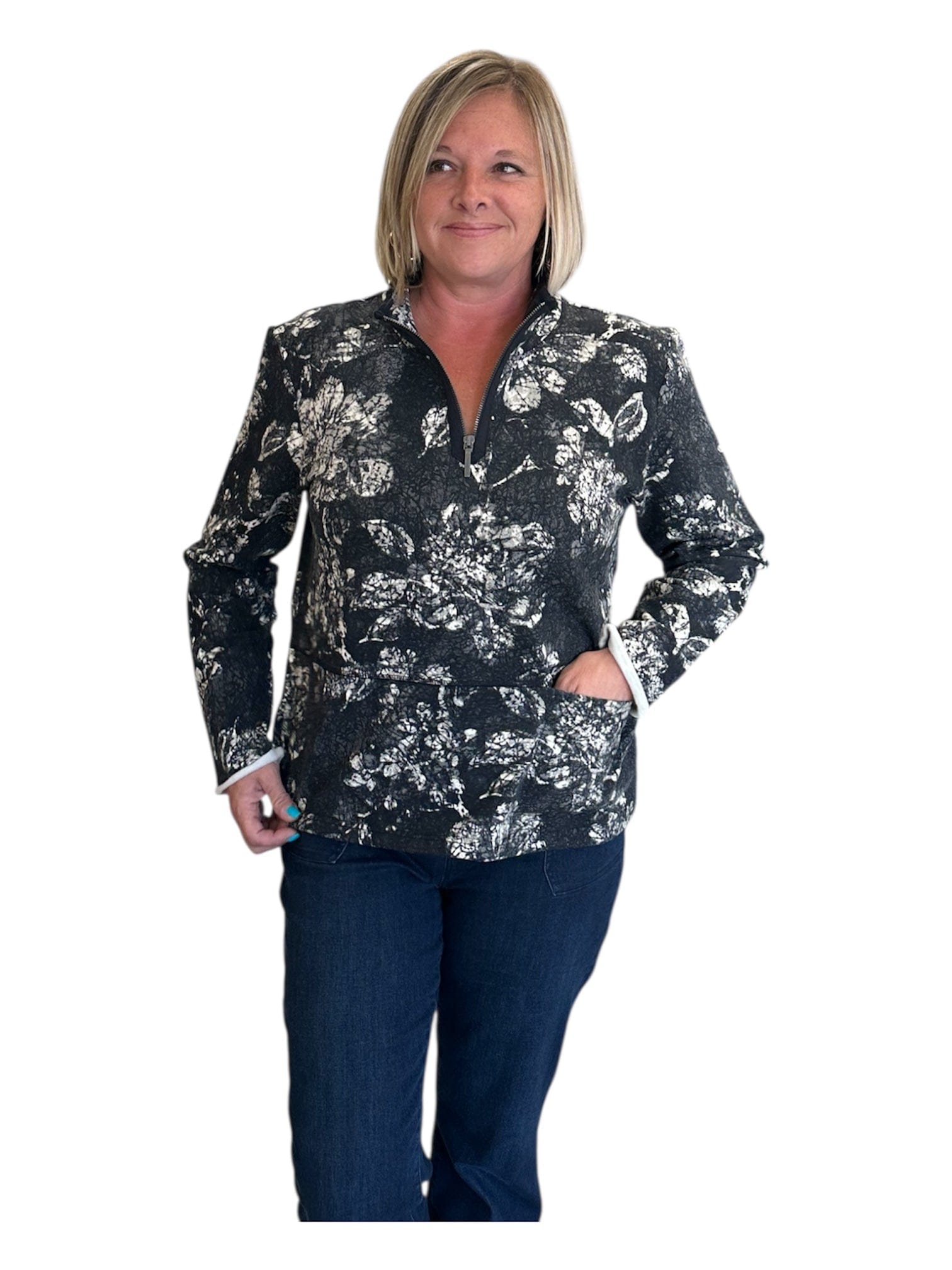 Batik Floral Quarter Zip in Black Habitat Fleece