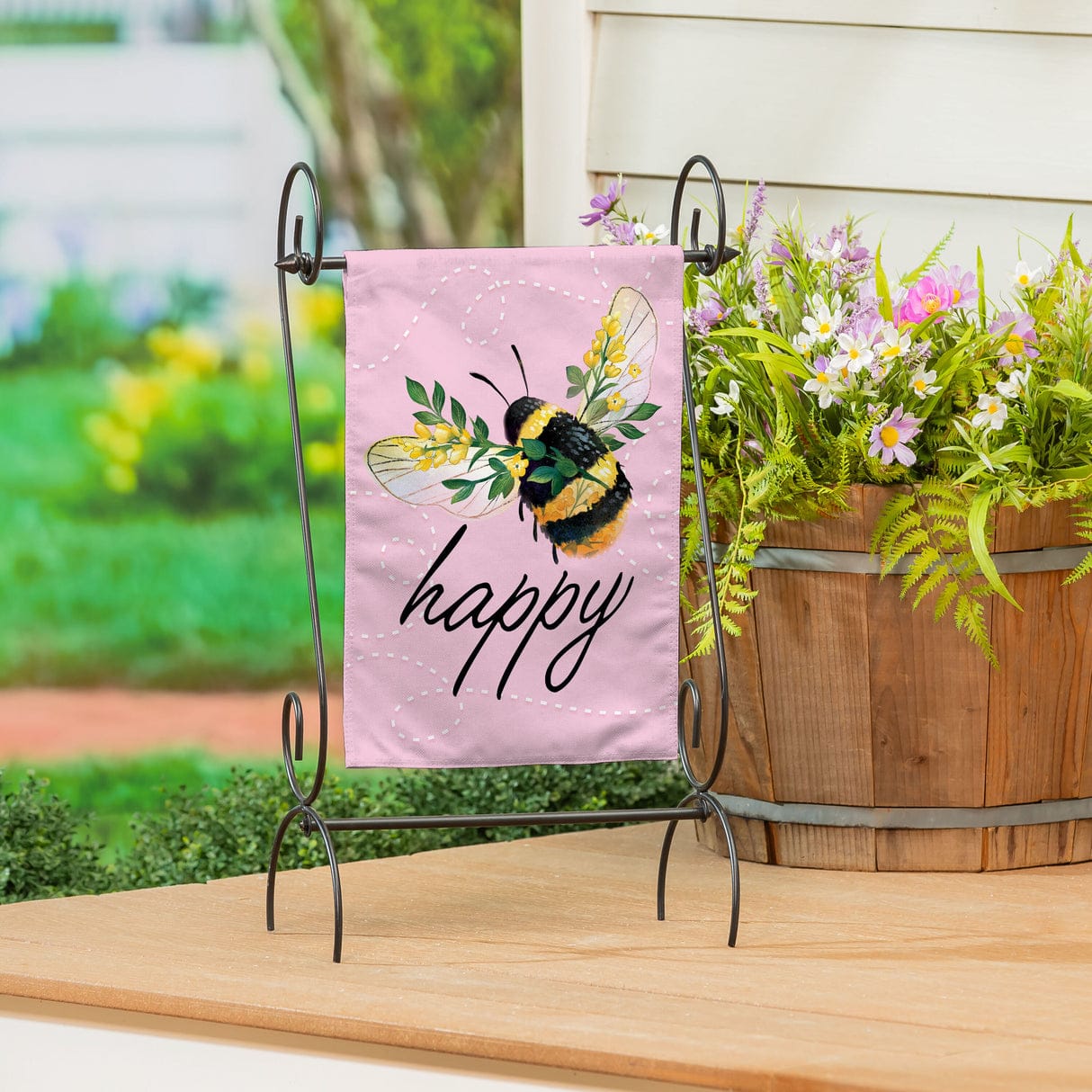 Bee Happy Pink Burlap Garden Flag Evergreen Garden Flag