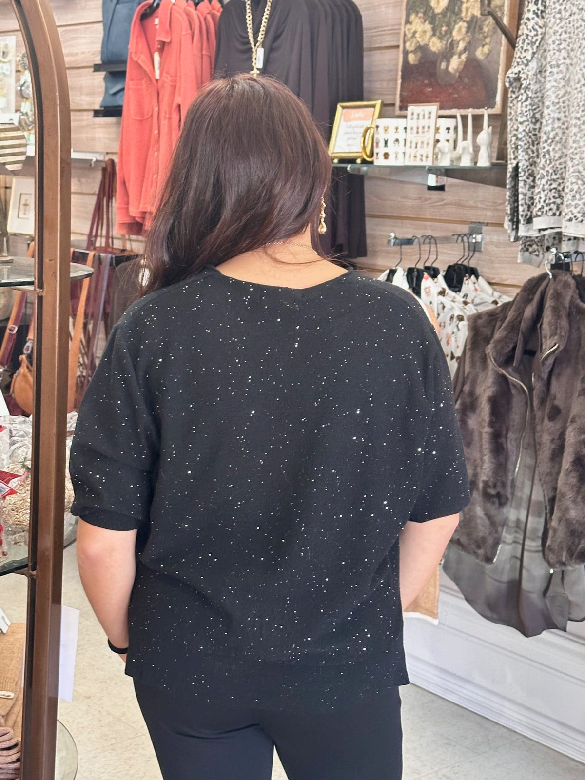 Black Knit Sweater with Scattered Sequin Detail, Black Modes Corwik Collections LLC