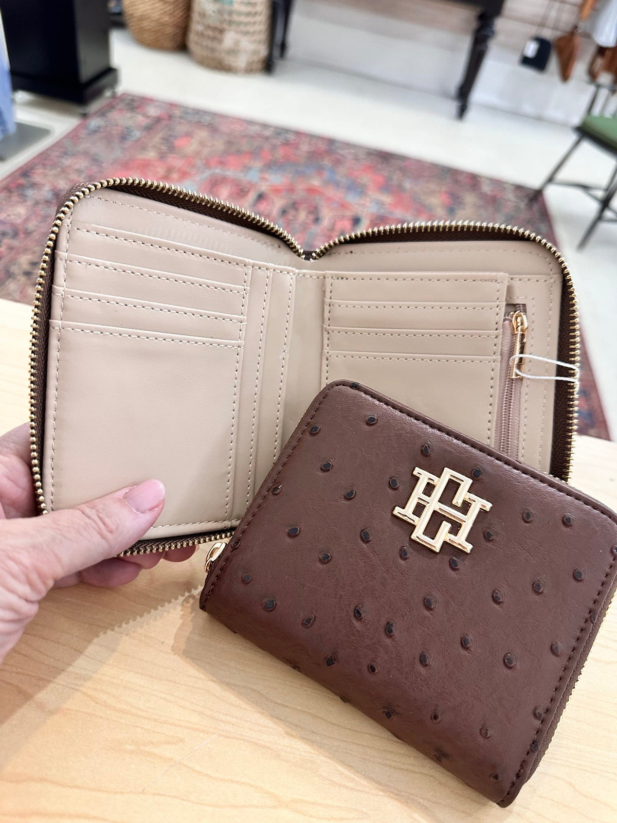 Blakely Wallet, Chocolate Ostrich Print Caroline Hill Wholesale Wallet