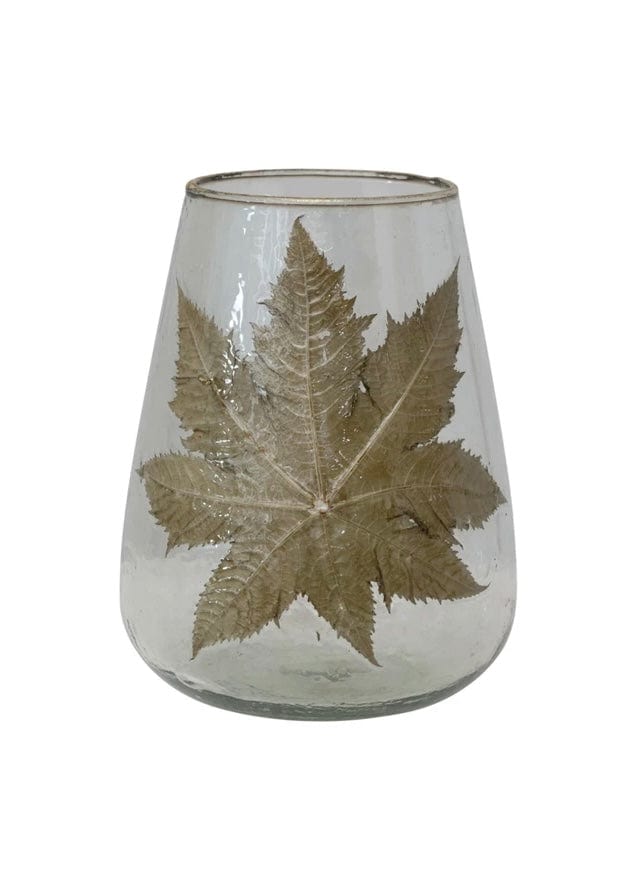 Blown Glass Hurricane with Pressed Leaf Creative Co-Op Candle Holders