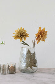 Blown Glass Hurricane with Pressed Leaf Creative Co-Op Candle Holders