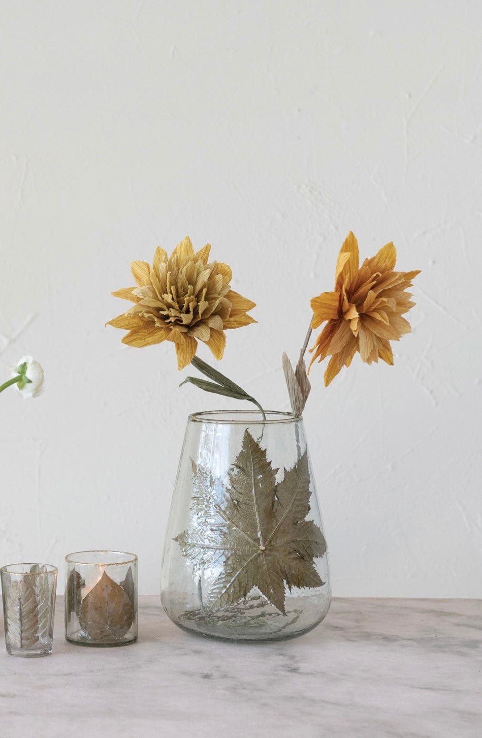 Blown Glass Hurricane with Pressed Leaf Creative Co-Op Candle Holders