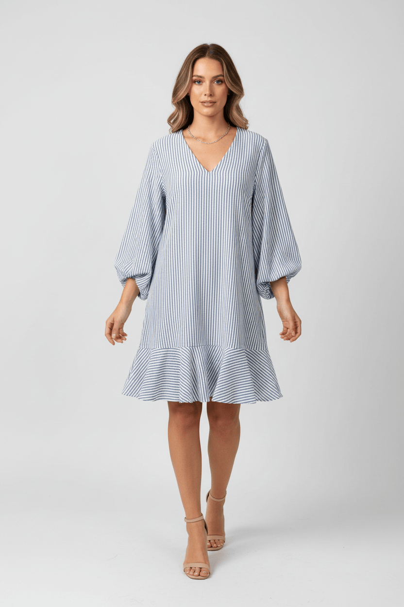 Blue Stripe Flounce Dress Maggy London Intl LTD Dress S