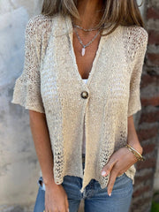 Boho slouchy short sleeve open knit cardigan blouse: Beige / S Rosa Clothing