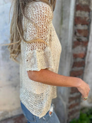 Boho slouchy short sleeve open knit cardigan blouse: Beige / S Rosa Clothing