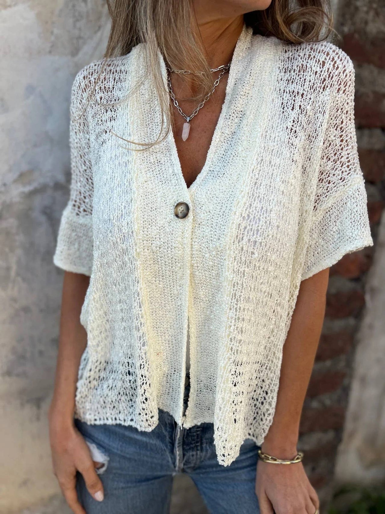 Boho slouchy short sleeve open knit cardigan blouse: Beige / S Rosa Clothing