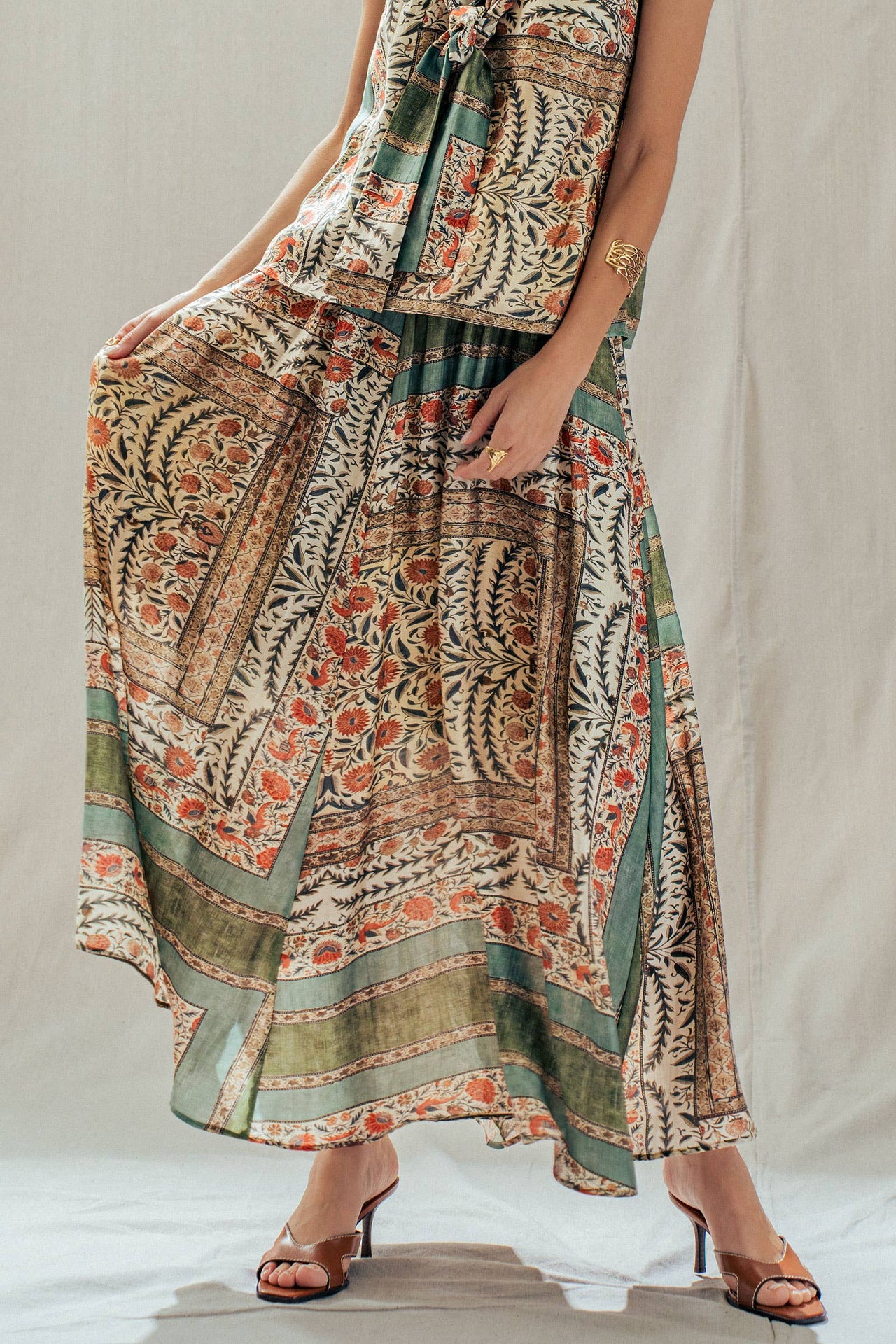 Botanical Bird Print Tencel Blend Maxi Skirt: MULTI / S-M-L:2-2-2 Urban Daizy