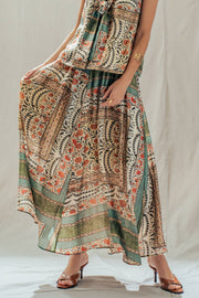 Botanical Bird Print Tencel Blend Maxi Skirt: MULTI / S-M-L:2-2-2 Urban Daizy