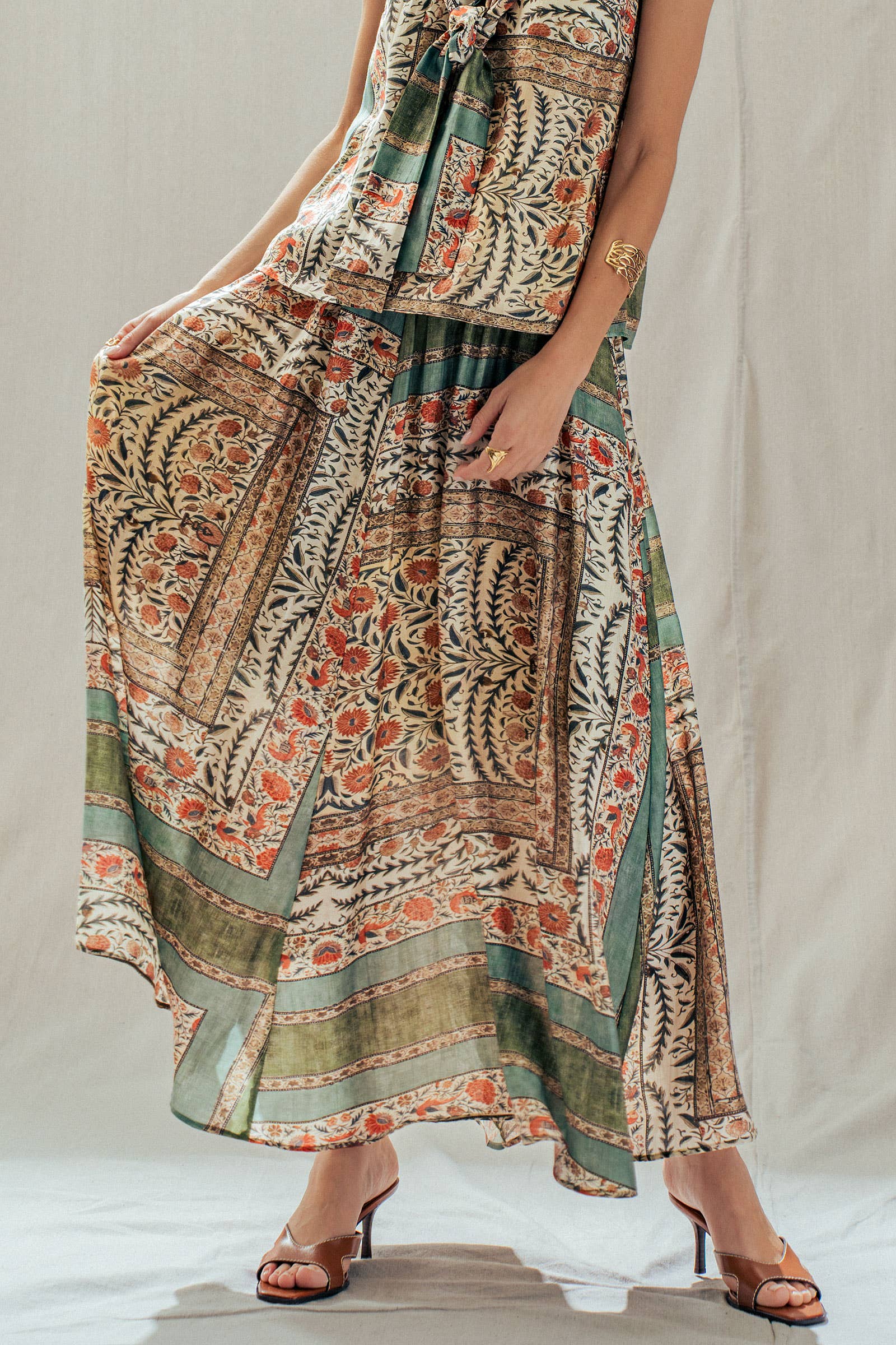 Botanical Bird Print Tencel Blend Maxi Skirt: MULTI / S-M-L:2-2-2 Urban Daizy