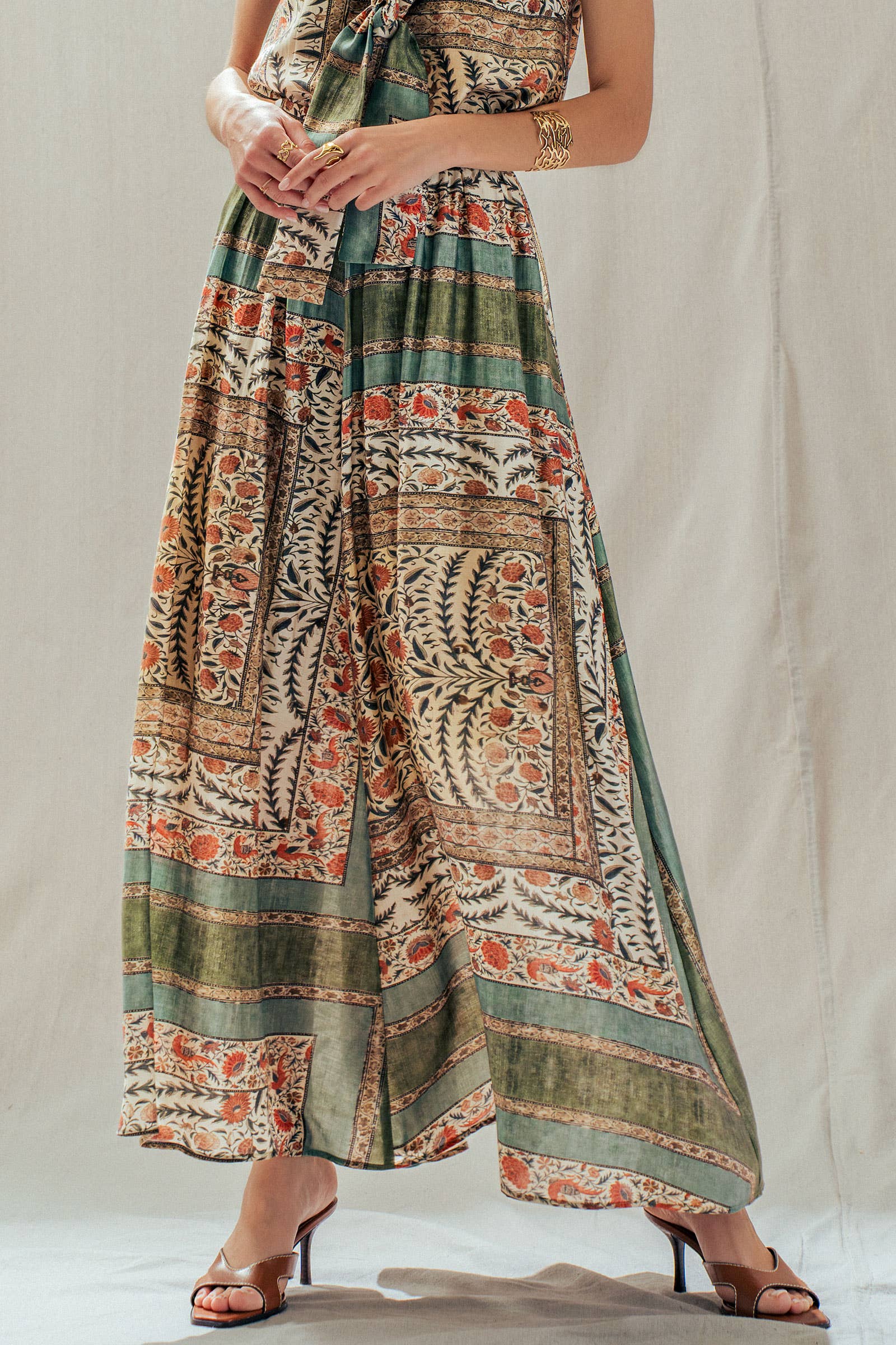 Botanical Bird Print Tencel Blend Maxi Skirt: MULTI / S-M-L:2-2-2 Urban Daizy